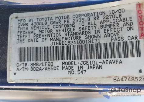 2001 Lexus Is 300 from USA, damaged, VIN JTHBD182410018171